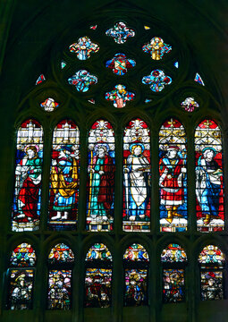 Stained glass windows of Holy Primate Cathedral Church of Saint Mary, Toledo, Castilla-La Mancha, Spain.