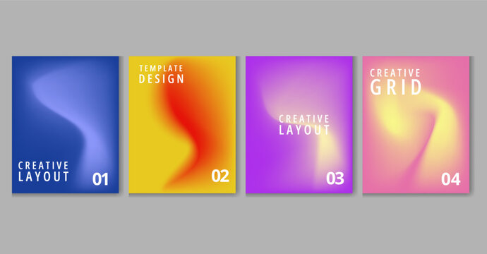 Four colorful template design cards with creative layouts and grid patterns on a gray background