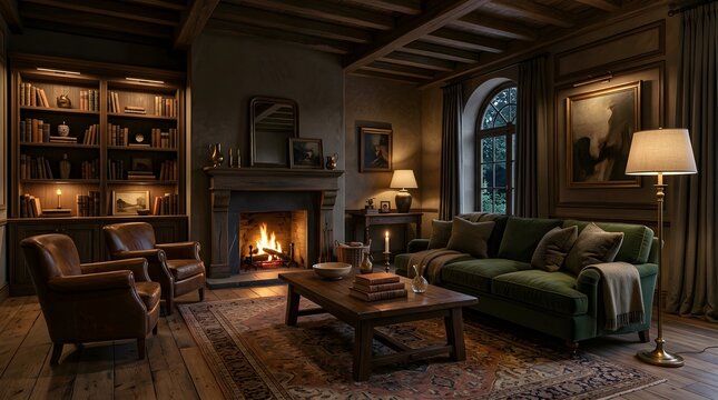 Classic library interior with fireplace leather chairs and bookshelves.