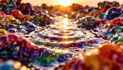 Fototapeta premium colorful ripples in water as the sun sets. Vivid colors blend together in abstract shapes, creating a serene water scene.