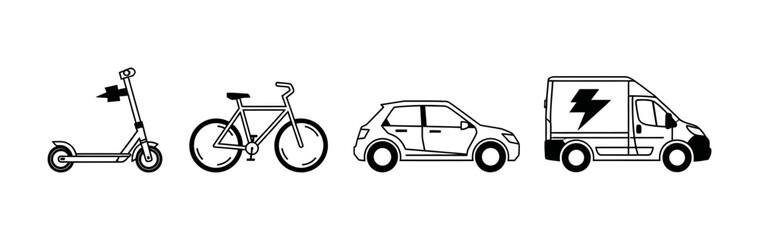 Fototapeta premium Collection of electric scooter, bicycle, car, and van icons representing modern personal and commercial transportation options