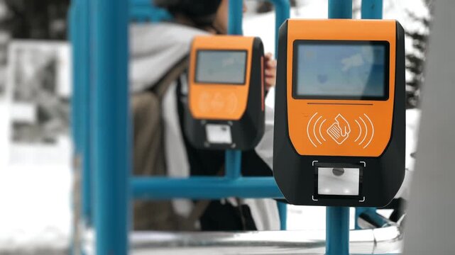 Close up of contactless ski pass scanning at turnstile in ski resort, digital access control system and winter tourism technology concept.