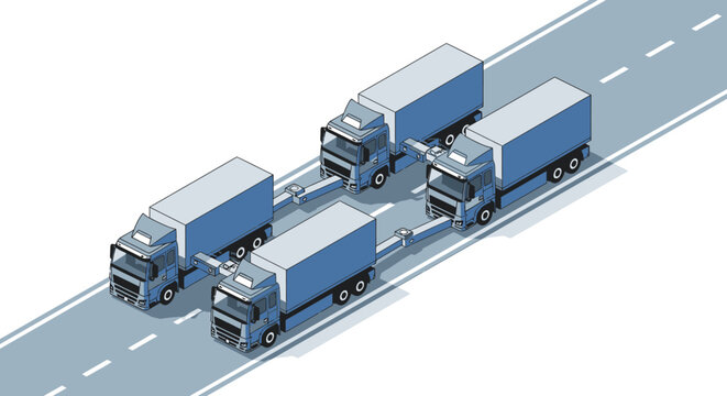 Isometric Illustration of Autonomous Truck Platooning and Smart Fleet Logistics on a Highway