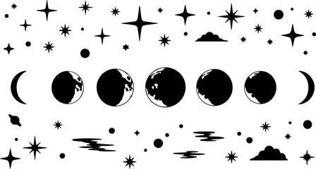Black Silhouette Moon Phases Stars and Celestial Elements Collection Including Crescent Full Moon Planet Cloud and Star Burst © MinhajulIslam