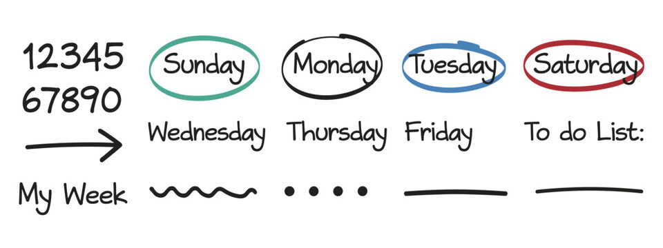 Hand-drawn Numbers Days of Week and Symbols 12345 67890