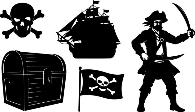 Pirate Skull Crossbones Ship Treasure Chest Flag Sword Buccaneer Silhouette Vector Set Bundle
