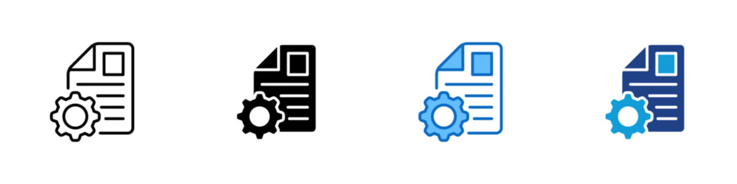 Document Settings Multiple Style Icon Design Vector - Document with gear symbol representing file configuration, document management, and system customization