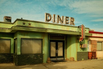 Obraz premium Vintage American diner exterior with retro signage in California