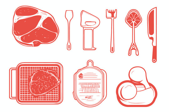 Red-toned line art of food and utensils steak cuts, grill, and cooking implements
