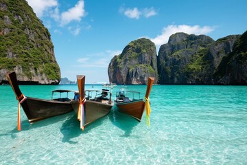 Obraz premium Warm Sunny Day With Boats Anchored at a Tropical Beach in Thailand
