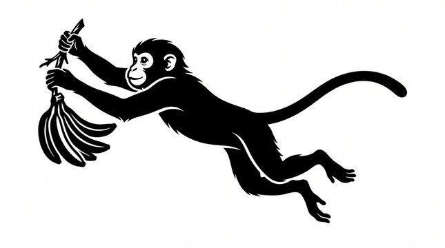 Black silhouette of a jumping monkey holding a bunch of bananas isolated on a white background