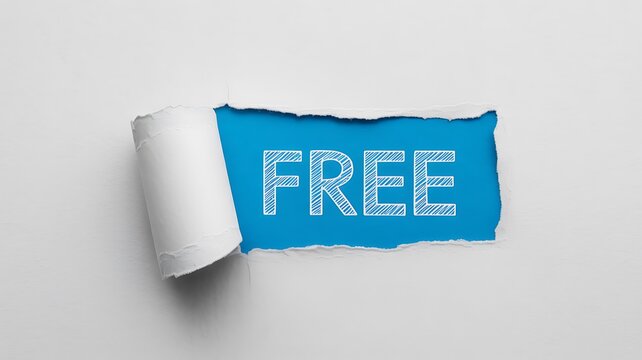 Torn blue paper with FREE text, peeled sticker, adhesive label, promotional concept