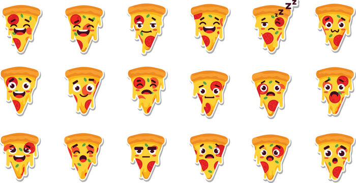 Cute pizza slice characters set with different emotions and expressions in cartoon flat style for stickers, emojis and kids design