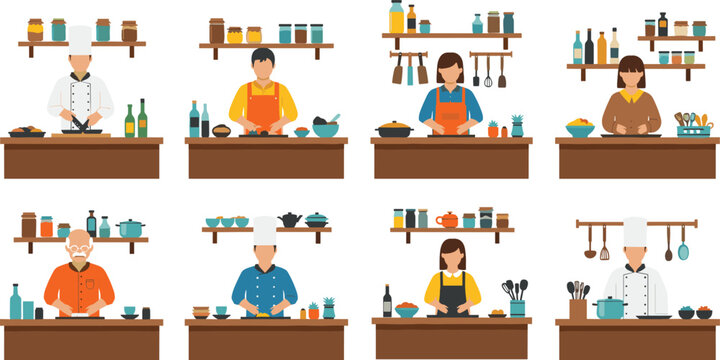 Professional Chefs and Home Cooks Set Featuring Diverse People Cooking in Kitchen with Utensils and Ingredients for Restaurant Culinary Industry and Healthy Food Concept Vector Illustration