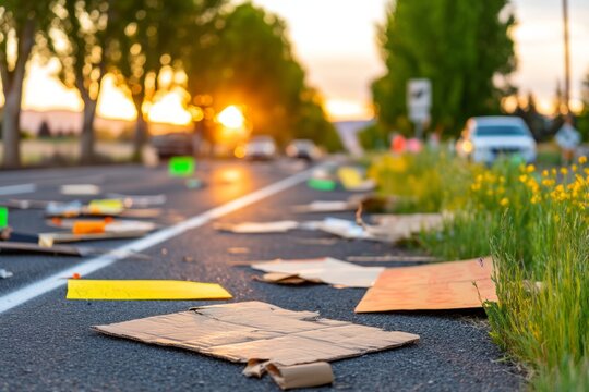 Abandoned Signs Litter an Empty Roadway During a Sunset Protest Scattered with Colors