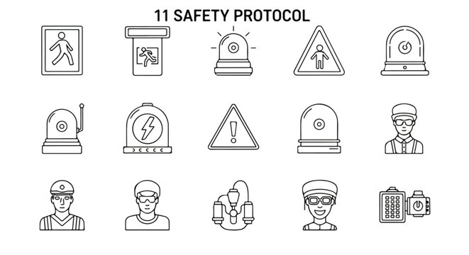 Collection of 11 safety protocol icons, including warning signs, alert lights, and personnel, presented in a clean line art style.