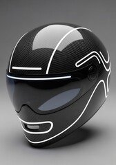 Fototapeta premium Modern carbon fiber motorcycle helmet features glowing white neon lines against a solid gray background.