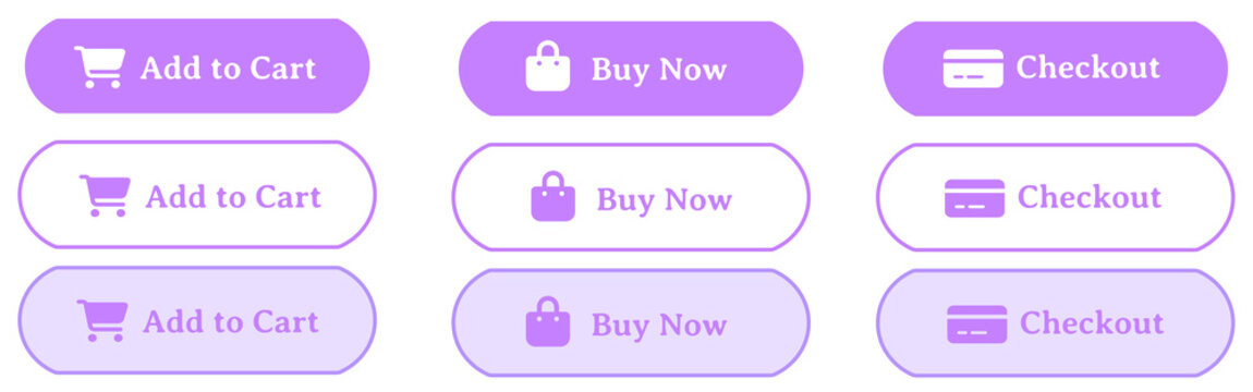 Minimal Purple  E-commerce Button Set with Add to Cart Buy Now Checkout Icons, Clean Modern UI Elements, Rounded Soft Interface Design, Simple Easy-to-Use Web and Mobile Shopping Buttons Collection 