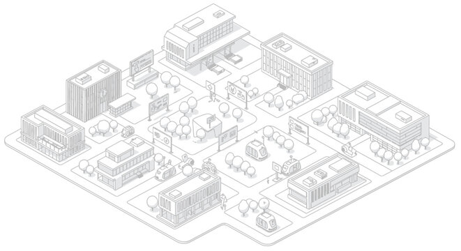 Isometric Smart City Line Art Illustration Featuring Futuristic Buildings, Autonomous Vehicles, and Modern Urban Planning Concept on White Background
