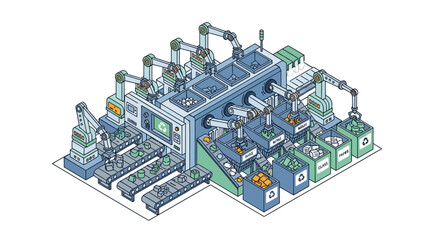 Fototapeta premium Isometric Automated Recycling Factory with Robotic Arms Sorting Waste into Material Bins