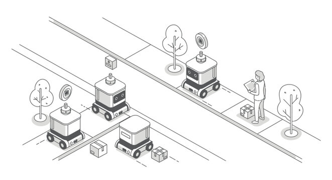 Isometric Illustration of Autonomous Delivery Robots Navigating a Smart City Sidewalk for Last-Mile Logistics and E-commerce Package Delivery