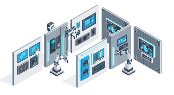 Isometric Smart Factory and Industrial Automation Concept with Robotic Arms, Touch Screens, and Digital Control Interface Panels on White Background