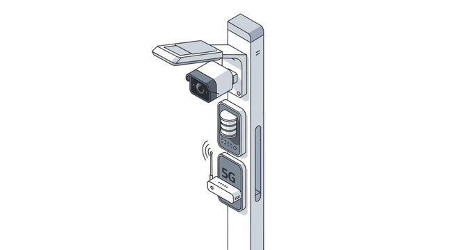 Isometric Smart City Pole with 5G Router, CCTV Security Camera, and Solar Panel Illustration for IoT Urban Infrastructure