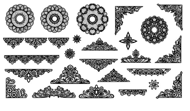 Trendy black lace vector bundle with ornate decorative shapes borders and trims
