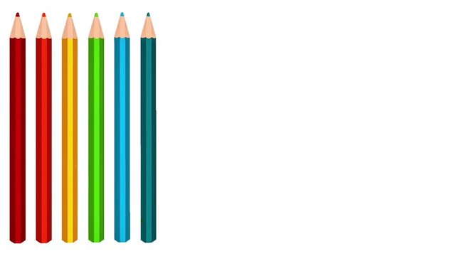 An animation video of neat multicolored pencils arranged side by side in a rainbow spectrum isolated on a white background. Suitable video for art supplies, art stationery, or painting concepts.