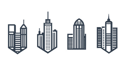 Fototapeta premium Four minimalist, monochrome illustrations of stylized city skyscrapers on a white background