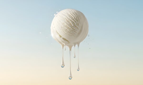 Single scoop of melting vanilla ice cream floating in a soft gradient pastel sky with liquid drips and droplets
