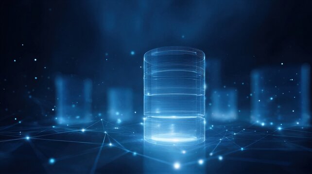 Holographic blue database icon floating above digital network. Cyber storage for big data and cloud computing analysis. Futuristic server visualization for enterprise information technology.