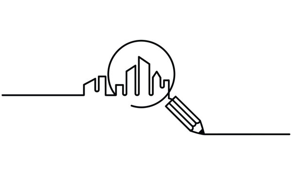 Cityscape viewed through a magnifying glass with a pencil of  Continuous line drawing.