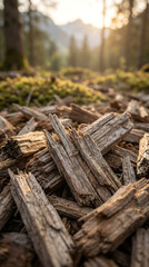 Fototapeta premium A close-up shot focuses on wood chips scattered across the forest floor, with soft sunlight illuminating the surrounding verdant area, creating a serene, inviting atmosphere.