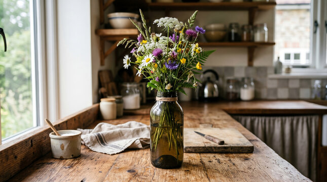 AI-generated image of rustic wildflower bouquet in a glass jar on a wooden kitchen countertop