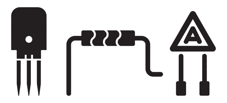 Black electronic component icon set transistor resistor arrow symbol clean line style vector icons for electronics, hardware and circuit diagram design.