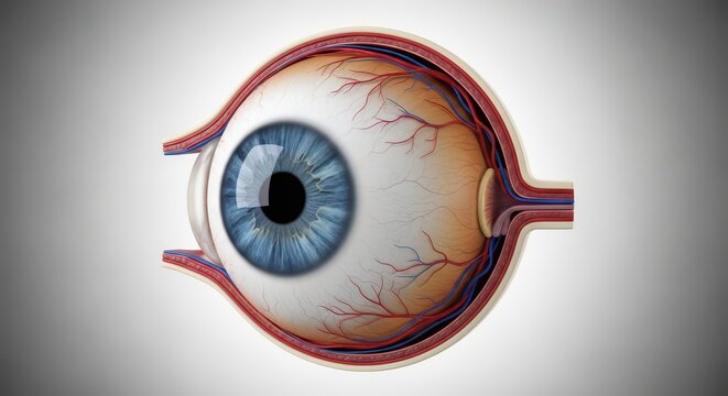Anatomy of the human eye, detailed crosssection view of the eyeball structure with iris, pupil, and blood vessels