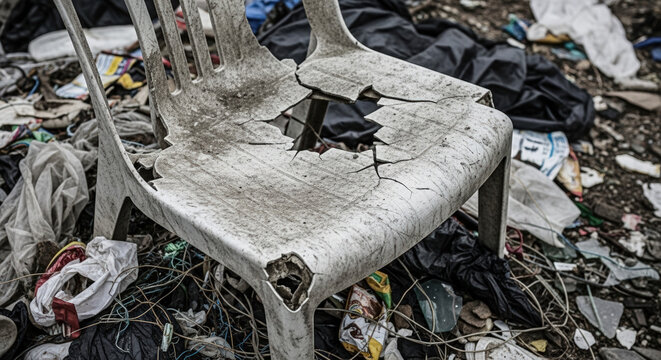 Abandoned plastic chair with a sense of neglect surrounded by trash representing waste and environmental degradation in an urban setting.