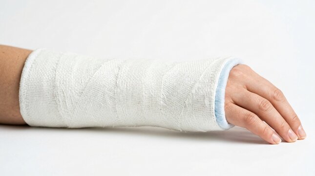 Close-up of a persons arm in a white cast, indicating a broken wrist or forearm injury, set against a clean white background.