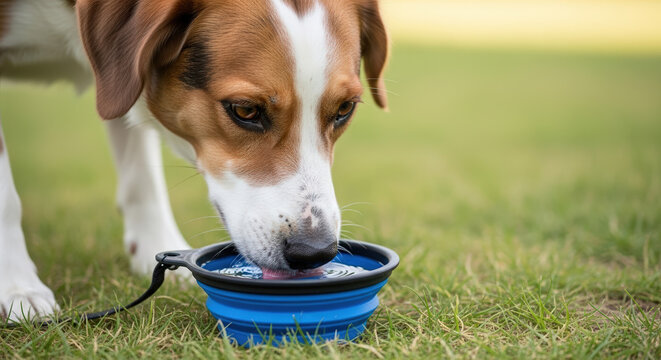 Thirsty dog drinking water from a bowl with an eager expression against a vibrant green lawn background for pet care advertisements.