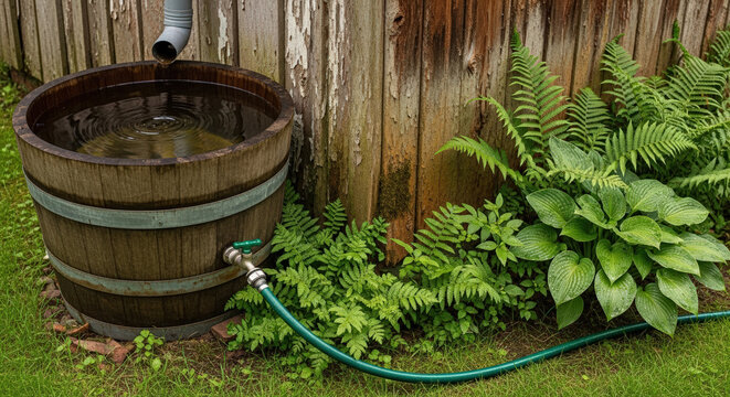 Rustic rain barrel in a serene garden setting next to vibrant ferns and hostas