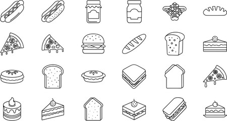 Fototapeta premium Fast Food and Snack Vector Set Featuring Hot Dogs, Pizza, Sandwiches, Cake, and Other Delicious Treats for Culinary and Food