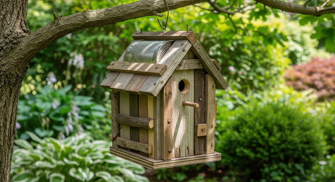 Wooden birdhouse hanging in a lush garden setting, evoking a sense of tranquility and nature-friendly living.