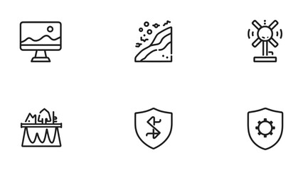 Fototapeta premium Environmental Icon Collection: A set of six unique outline icons, each representing a facet of environment, energy, security, finance, and ecology.