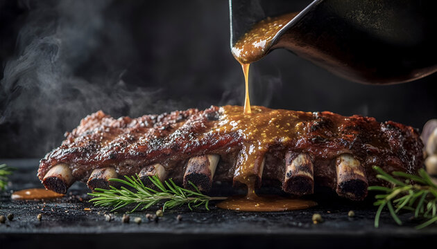 Grilled pork ribs with sauce pouring and smoky steam