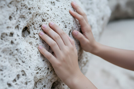 Hands feeling natural porous rock texture outdoors