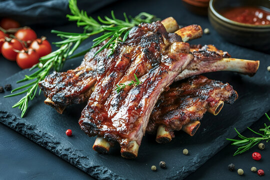 Grilled pork ribs with rosemary on slate serving board