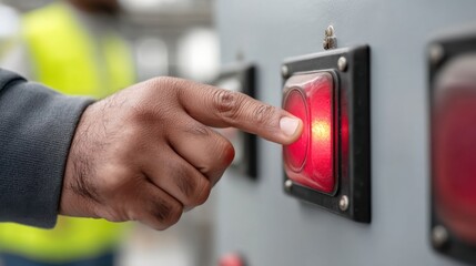Naklejka premium Close Up of a Person Pressing a Red Button on a Control Panel in an Industrial Setting with Focus on Hand and Button Illumination