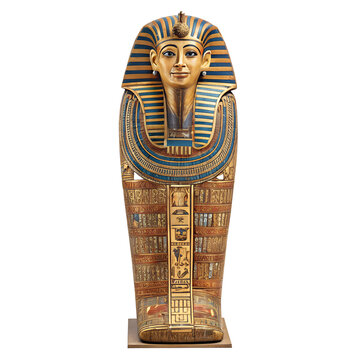 Golden Pharaoh Mummy Sarcophagus with Intricate Blue and Gold Hieroglyphics