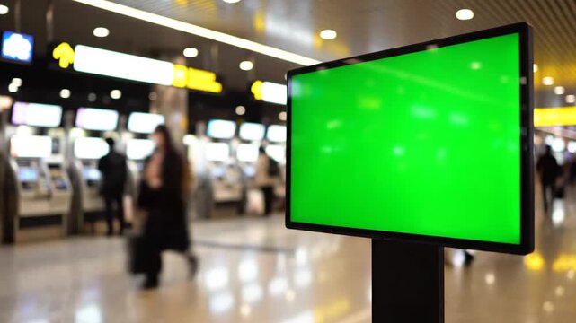 Green screen display for advertisement mockup in busy airport terminal with blurred passengers